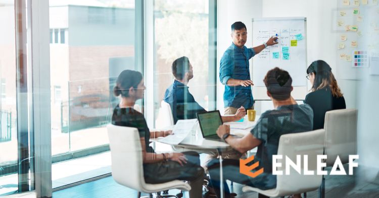 Marketing team meeting around a table while a colleague presents ideas on a whiteboard
